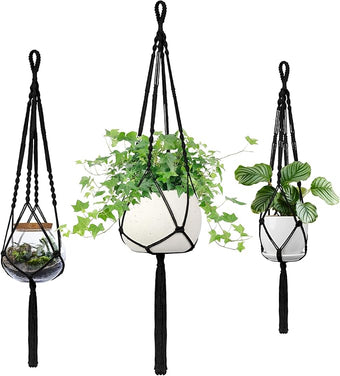 IDEEEPAN Macrame Plant Hanger - Fits 4 to 13 inches Pots for Indoor Outdoor, 34"/41"/46" 3 Sizes Set, Black (POTS NOT Included)