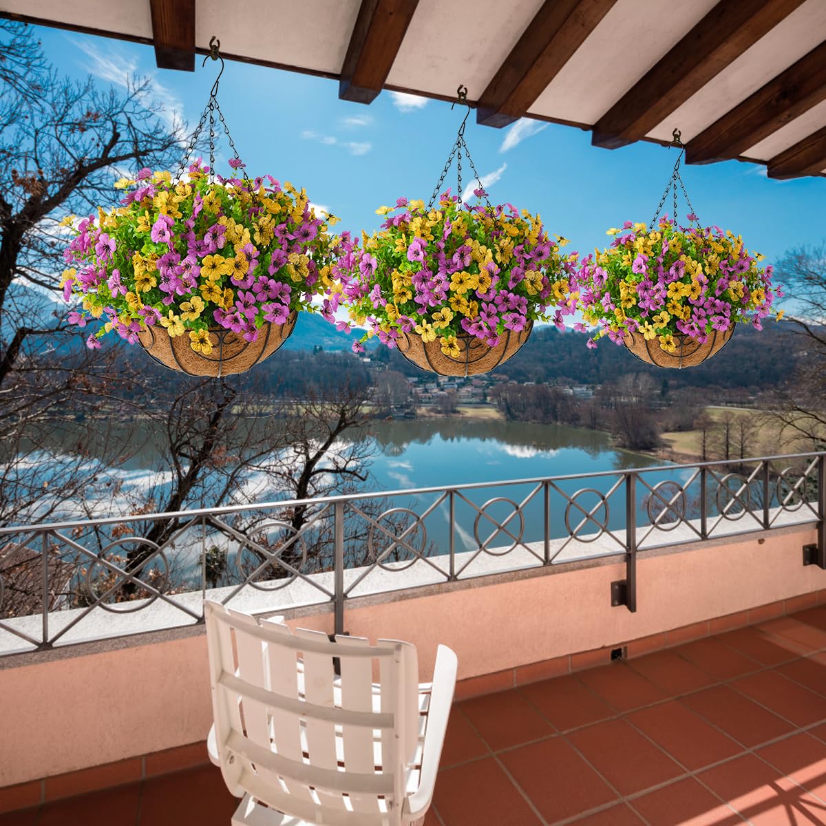 Artificial Hanging Flowers Basket for Outdoor, UV Resistant Plants Daisy