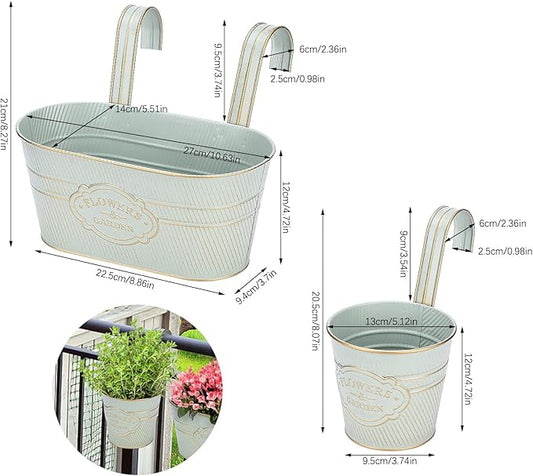 PerGar Vintage Metal Iron Wall Hanging Flower Pots, Rustic Planter Bucket Herb Flower Plant Holder with Detachable Hooks & Drainage Hole for Railing Fence Balcony Deck Garden Home Decoration, Set of 3