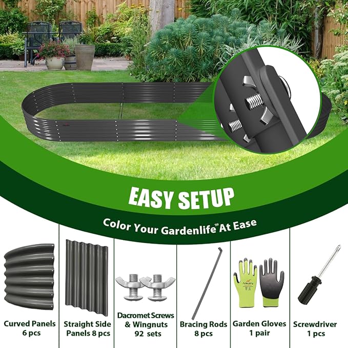 A ANLEOLIFE 3 Pcs 12X3X1.5 ft Oval Extra Large Galvanized Raised Garden Beds Outdoor for Planting Vegetables Flowers Herb, Quartz Grey