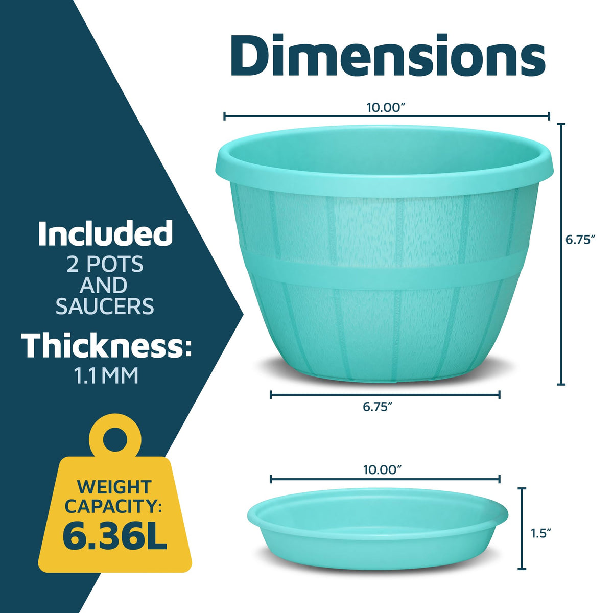 10-Inch Whiskey Barrel Planters Outdoor Pack of 2 - Durable Plastic Plant Pots for Indoor & Outdoor Use with Drainage & Saucer, Lightweight Rustic Barrel Planters for Flowers, Herbs & Small Plants