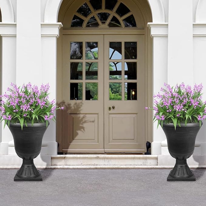 Worth Garden 2-Pack Plastic Urn Planters for Outdoor Plants, 22'' Black Tall Round Classic Resin Traditional Flower Pots - 15 in. Dia. Large Imitation Stone Decorative Pot Patio Deck Front Porch
