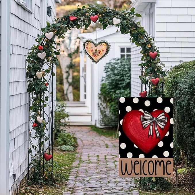 Valentines Day Welcome Garden Flag 12x18 Inch Double Sided Outside Polka Dot Red Heart with Bow Love Outdoor Seasonal Yard Holiday Decorations