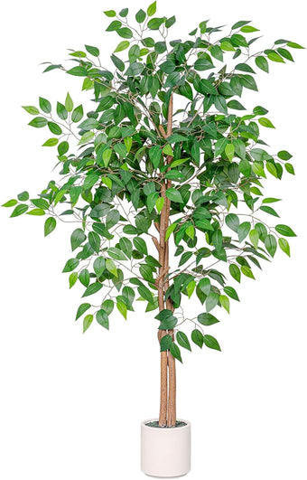 VIVATREES 5FT Artificial Ficus Tree with White Planter, Realistic Faux Silk Indoor Outdoor Plant for Home Office Living Room, Porch, Garden Decor