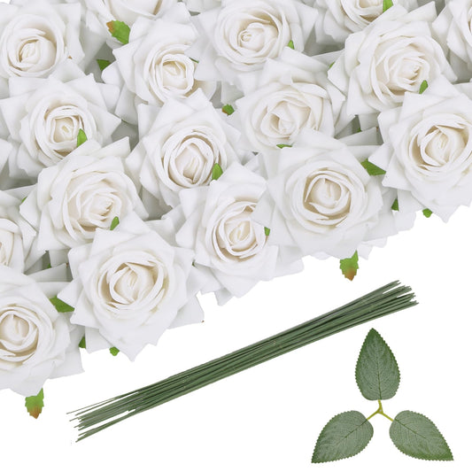 zezzos White Artificial Rose Flower Heads 18pcs Bulk Velvet Silk Roses 3.54" Large Faux Rose with Greenery Stems for DIY Wedding Bouquets Cake Topper Baby Shower Home Table Decor (White)