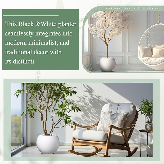 10 H x 14" Dia (10" Pot Opening) Round Fiberstone Planter with Drainage Hole, White, Indoor/Outdoor Large Plant Pot for Home Patio Garden, Ideal for Large Plants