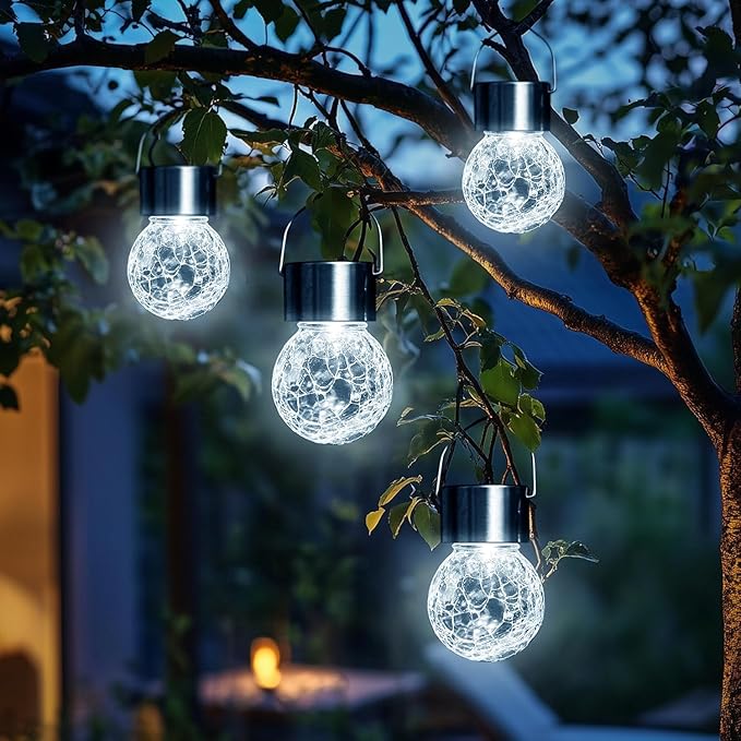 GIGALUMI 12 Pack Solar Outdoor Lights, Solar Hanging Lights for Christmas Decoration-Cracked Glass Solar Lights Outdoor Waterproof for Garden, Yard, Fence, Tree(Cold White)
