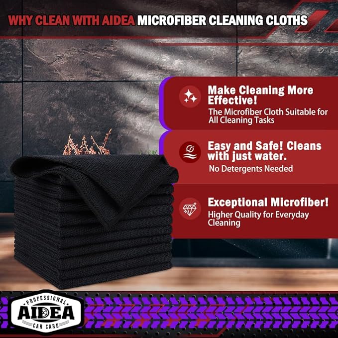 AIDEA Microfiber Cleaning Cloth Black 150PK, Microfiber Towels for Cars, Premium Car Cloths, Dusting Cloth Lint Free Cleaning Rags for SUVs, House, Kitchen, Window, Workshops,12×12"
