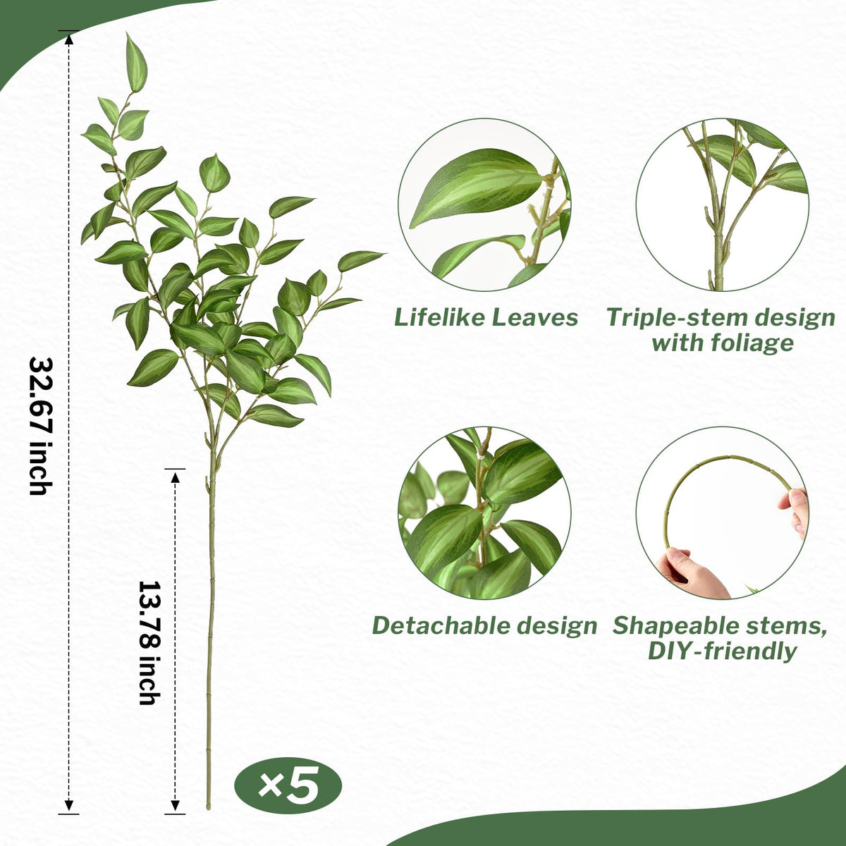Waipfaru 5PCS Greenery Stems for Vases, 32.7 inch Artificial Eucalyptus Green Fake Leaves Branches, Faux Olive Silk Plants for Centerpieces Vase Filler Home Kitchen Decor