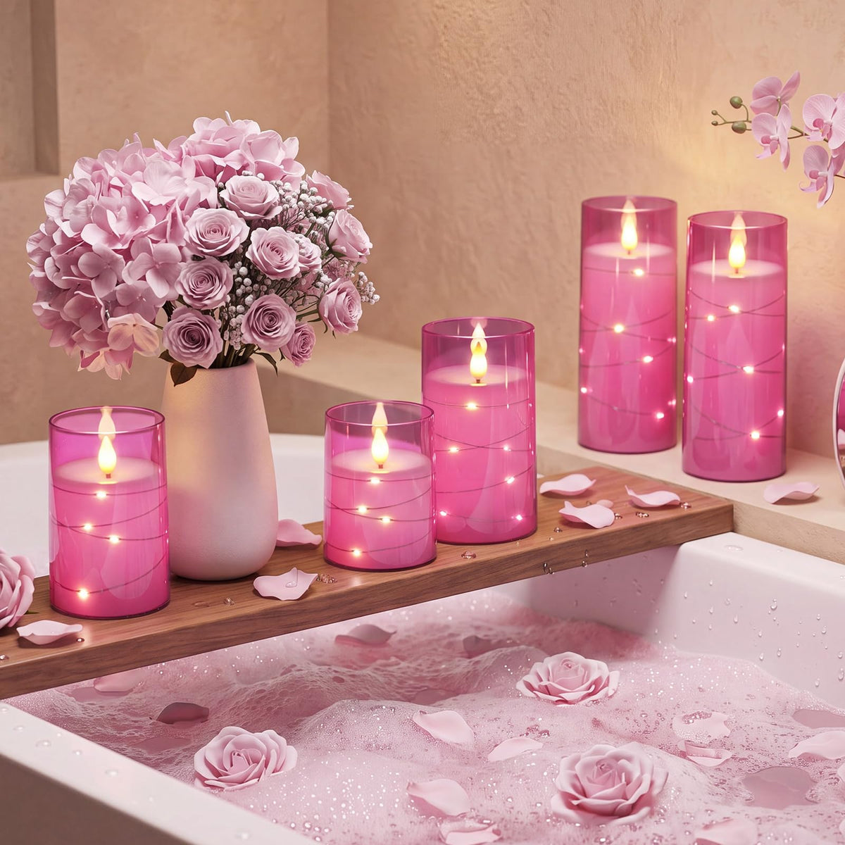 Homemory Flickering Flameless Candles, Pink LED Pillar Candles with Remote
