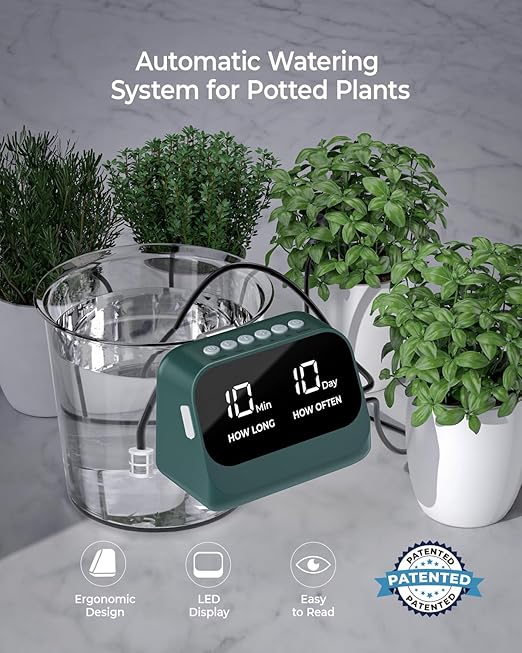 Automatic Watering System for Potted Plants, Plant Waterer, DIY Drip Irrigation Kit with Smart Timer, Waterproof LED Display & Large Capacity Battery, Precise Distribution of Water (Green)