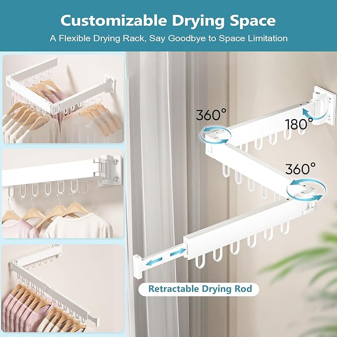 JAUREE Clothes Drying Rack Wall Mounted, Space-Saving Drying Rack Clothing, Collapsible Foldable Retractable Laundry Rack with 18 Hooks, Indoor/Outdoor, White
