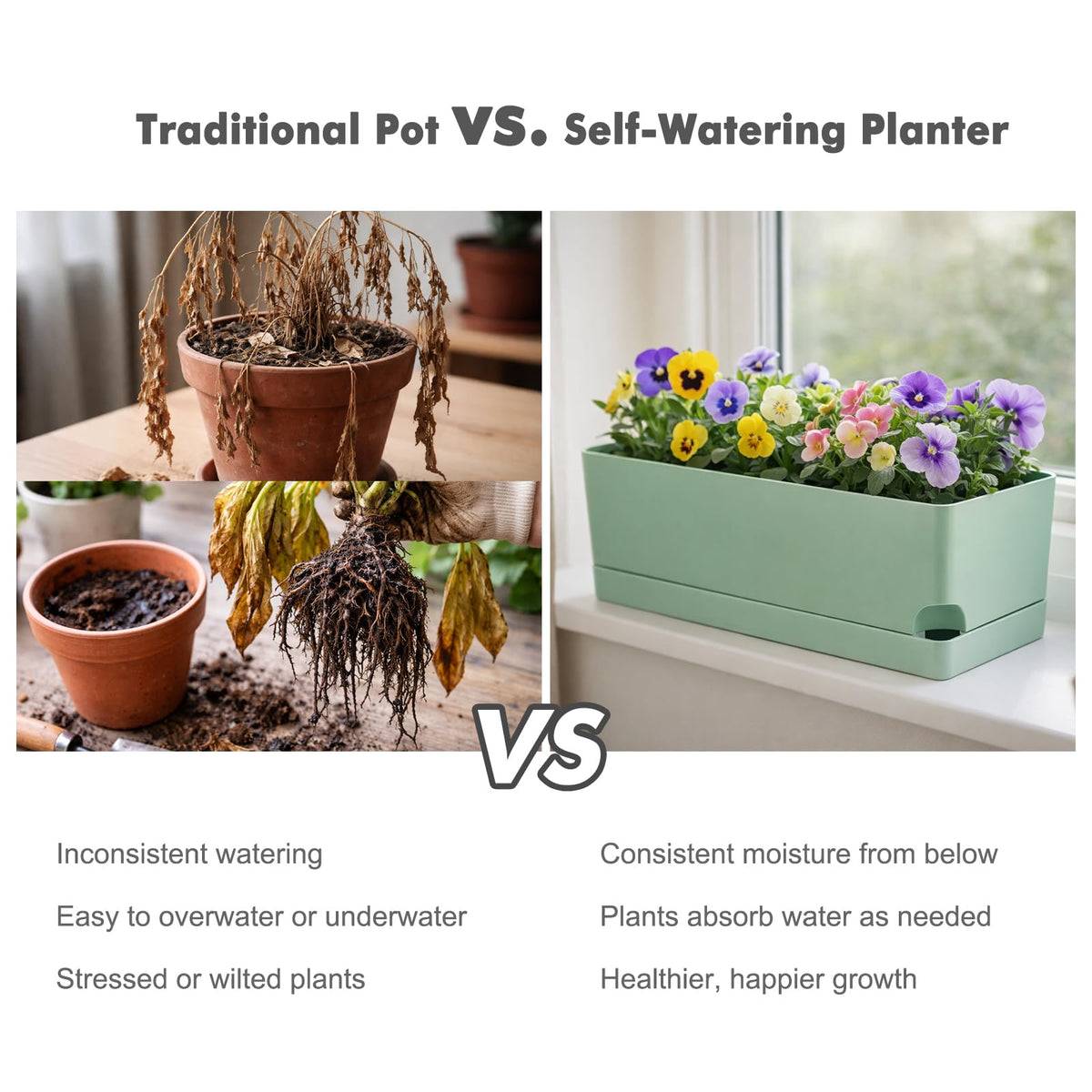 Party Zealot Window Boxes Planters, 5 Pack Self Watering Pots for Indoor Plants 17 Inch Rectangular Planter Rectangle Flower Pots Long Plant Pot Large Window Sill Herb Planter Box, Green