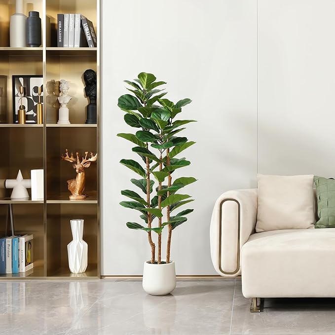 OAKRED Artificial Fiddle Leaf Fig Tree with White Planter,5ft Tall Fake Tree with Natural Wood Trunk for Home Decor, Faux Ficus Tree Fake Moss for Indoor Office Living Room