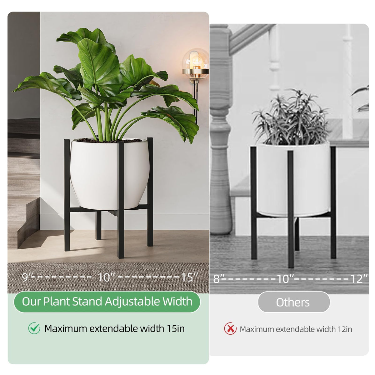 Rioneta Adjustable Metal Plant Stand Indoor, Fits 9-15 Inch Pots, Mid Century Modern Planter Holder,2 Heights, Heavy Duty 160 lb, Indoor Outdoor Corner Floor Pot Stand, Black with Round Plate 2 Pack (black-a 2 pack)