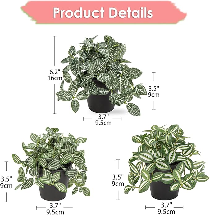 Hollyone Fake Plants 3 Packs Artificial Plants Indoor Faux Plants with Black Plastic Pot Small Fake Potted Plant for Home Aesthetic Living Room Bathroom Desk Shelf Office Decor