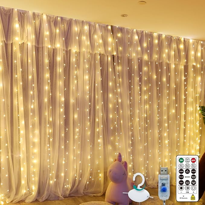 Warm White Curtain Light for Bedroom, 300 LED 9.8ft x 9.8ft Window Fairy Curtain String Light with 16 Hooks, 8 Models Remote Control for Wedding Party Home Garden Indoor Decorations