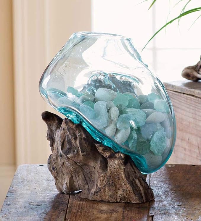 OMA Molten Glass on Driftwood – Hand Blown Vase, Terrarium, or Planter Centerpiece for Coastal & Boho Home Décor (7" – 9" High)