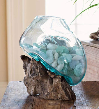 OMA Molten Glass on Driftwood – Hand Blown Vase, Terrarium, or Planter Centerpiece for Coastal & Boho Home Décor (7" – 9" High)