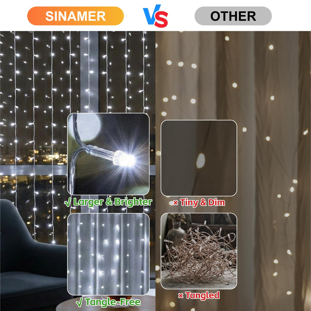SINAMER Curtain String Light, 200LED 6.6x6.6ft, Remote & 8 Modes, USB