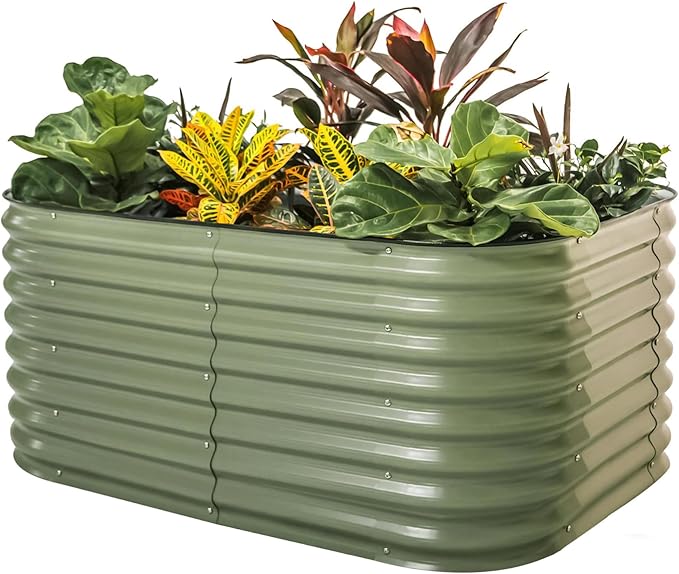 Vego garden 26" Extra Tall Raised Garden Bed Kits, 6 in 1 Modular Raised Planter Box for Vegetables Flowers Fruits Oval Metal Raised Garden-Olive Green