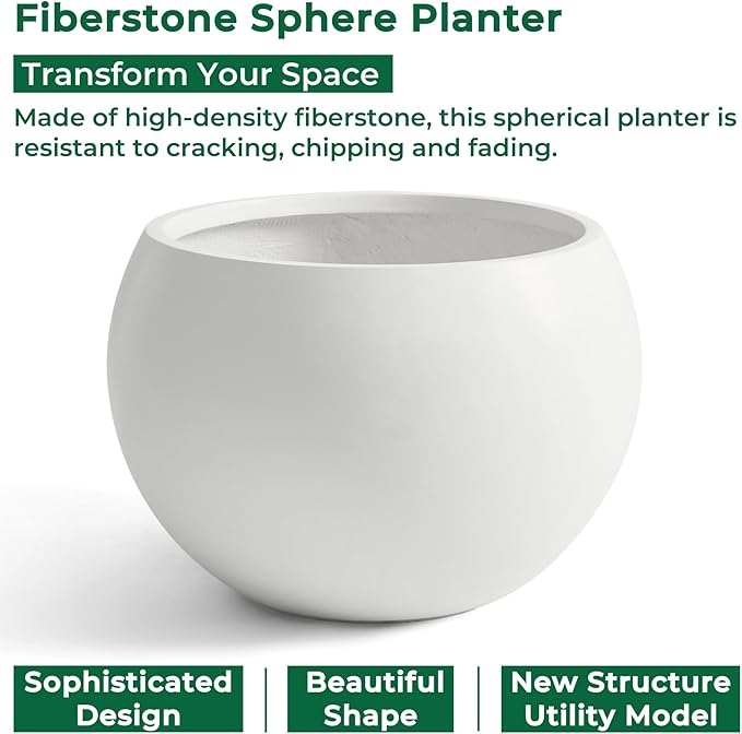 FloraFairy Fiberstone Sphere Planter, 19.3" Dia x 13" H Large Flower Pot with Drainage Hole and Silicone Plug, Round Plant Container for Indoor or Outdoor, 15" Opening, Large White