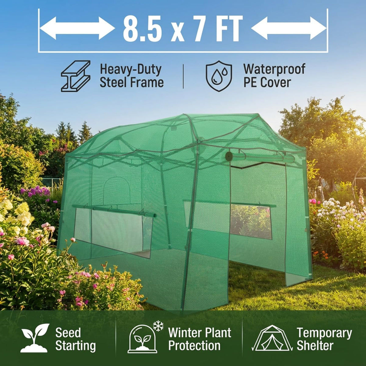 8.5 x 7 ft Pop-up Greenhouse, Walk-in Green House for Indoor Outdoor
