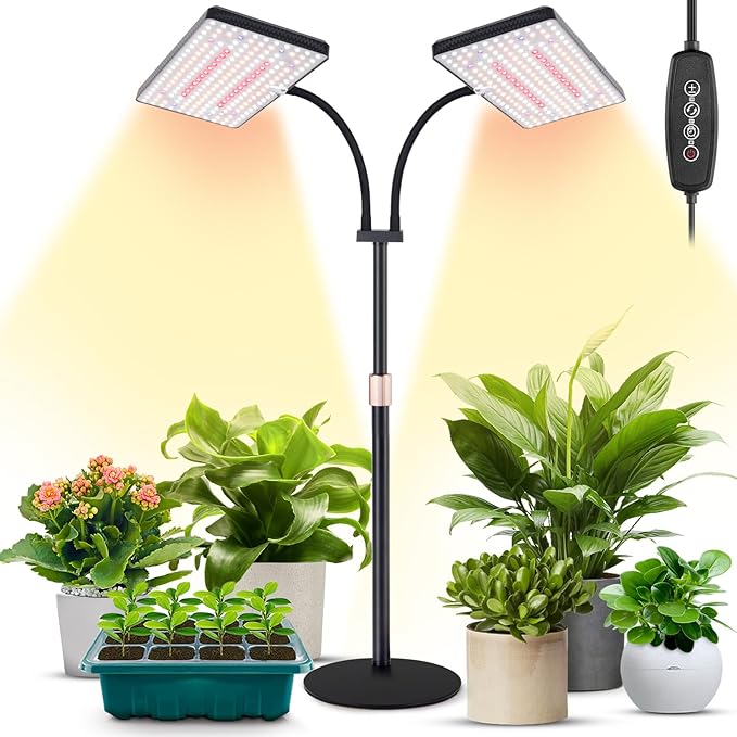 LBW Upgraded Desk Grow Lights for Indoor Plants, Dual-Head 428 LED Tabletop Full Spectrum Grow Light, with 3/6/12H Timer, 6 Brightness Levels, 3 Lighting Modes, Height Adjustable for 10-26 inches