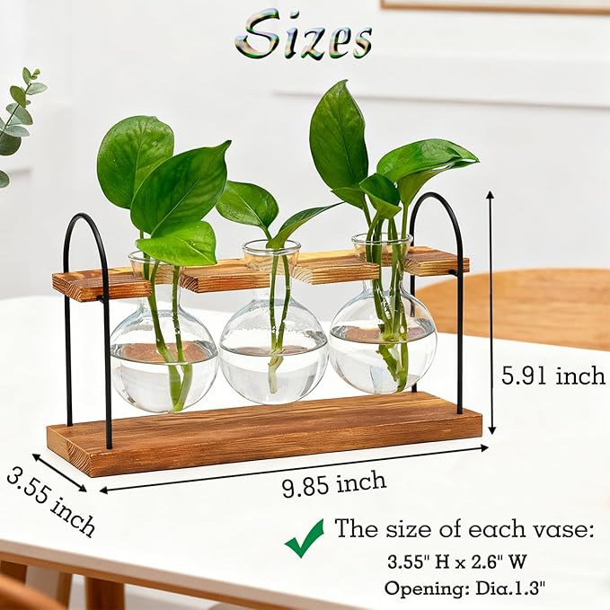 Plant Terrarium with Wooden Stand, The Ultimate Gift for Plant Lovers, Propagation Station with Retro Glass Bulbs, Creating a Stunning Tabletop Display of Hydroponic Greenery in Any Home or Office