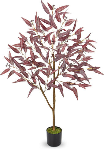 Briful 4ft Artificial Eucalyptus Tree in Black Pot, Realistic Silk Potted Floor Plant Eucalyptus Plant for Home Decor Indoor Outdoor Patio Office, Burgundy Leaf