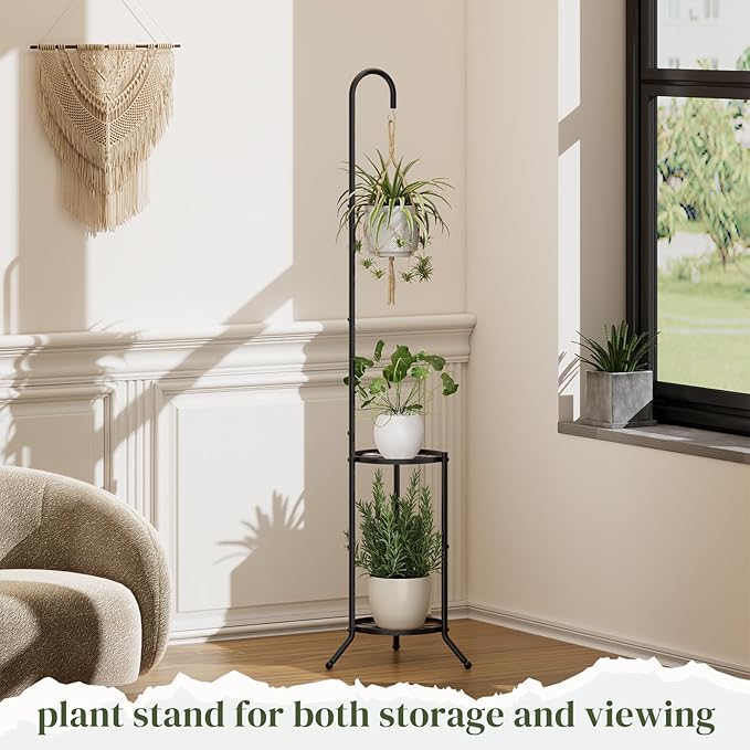 PULIJIAJU 2-tier Hanging Plant Stand Indoor and Outdoor, Space-Saving Iron Plant Shelf, 3 Potted Flower Pot Stand ,Planter Holder for Bedroom Balcony Living Room Patio Garden(Hook Style)
