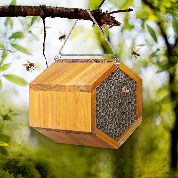 Mason Bee House - Handmade Natural Wooden Bee Hive Coated with Wax for Water-Proof and Long Service Life - Attracts Peaceful Bee Pollinators to Your Garden, Bee Houses for Garden