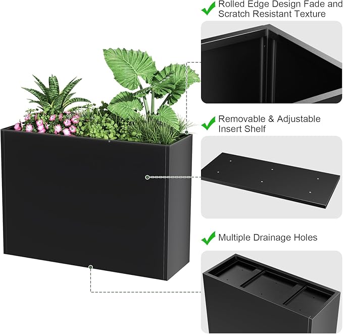 Tall Metal Planter Box for Outdoor Plants 30" L x 12" W x 24" H, Heavy Duty Steel Large Planter Box with Removable Insert Shelf, Modern Décor for Tall Plants, Trees, Flowers (Black)