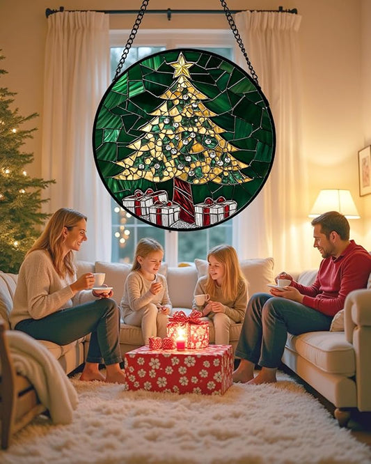 HWRHTR Stained Glass Window Hanging - Golden Christmas Tree Suncatcher for Doors Home Christmas Decoration Winter Sun Catcher Thanksgiving New Year Birthday Gifts for Women Men Mom Nana Girl 9.8 in