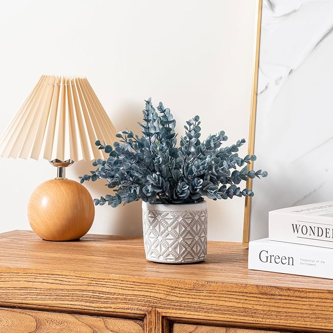 MyGift Artificial Eucalyptus Plant in Modern Gray Concrete Pots with Geometric Embossed Pattern (1, Blue)