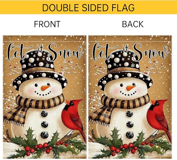 Let It Snow Snowman Garden Flag Double Sided 12x18 Inch Burlap Winter Outdoor Yard Decoration with Cardinal Bird and Holly Christmas Holiday Decor
