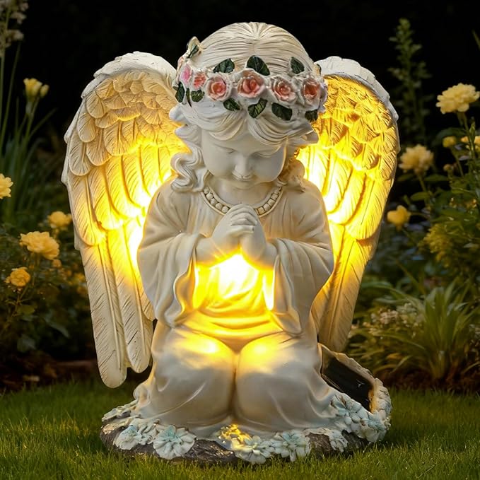 Solar Angel Garden Statue, Outdoor Decoration Lawn Ornaments for Yard, Praying Angle Figurine with LED Lights for Cemetery, Garden Gifts for Women Mom Grandma