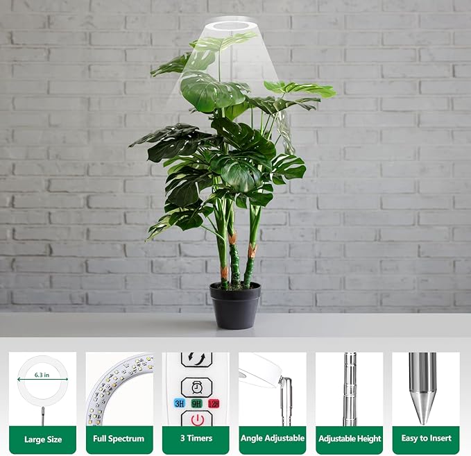 WaterRebirth 6.3 inch Grow Lights for Indoor Plants,Large Plant Light with 3 Timers, 10 Level Dimmable Brightness, Full Spectrum Plant Lamp, Height Adjustable for Tall Plants