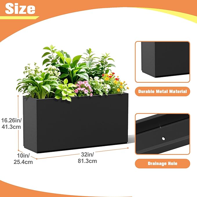 Rectangle Planter for Indoor & Outdoor, Tall and Long Planter Boxes with Drainage Holes, Mental Planter Box All-Weather Use for Plants, Flowers, 32" L x 10" W x 16.3" H, Black
