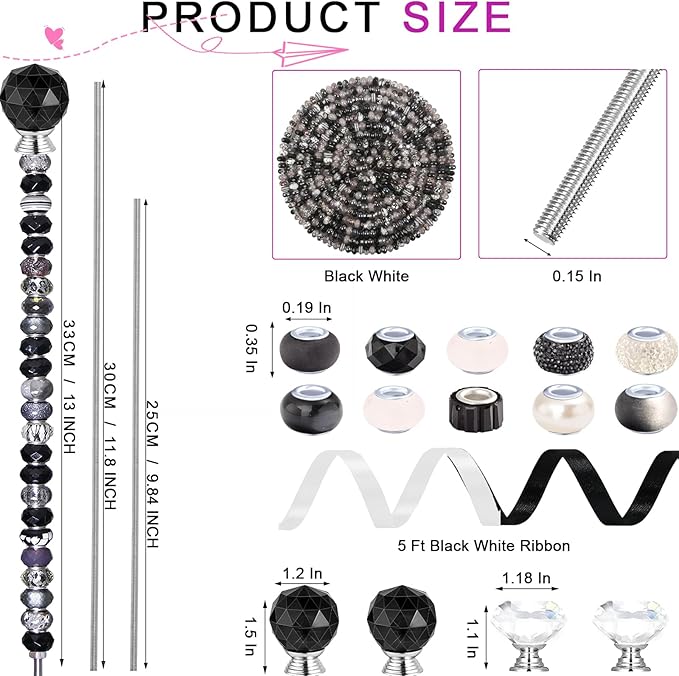119 Pcs Garden Stake DIY Fairy Wand Plant Stake with Black White Large Hole Beads Crystal Diamond Stopper Top 4 Stainless Steel Threaded Rod Beaded Garden Stakes for Outdoor Indoor Yard Decorations