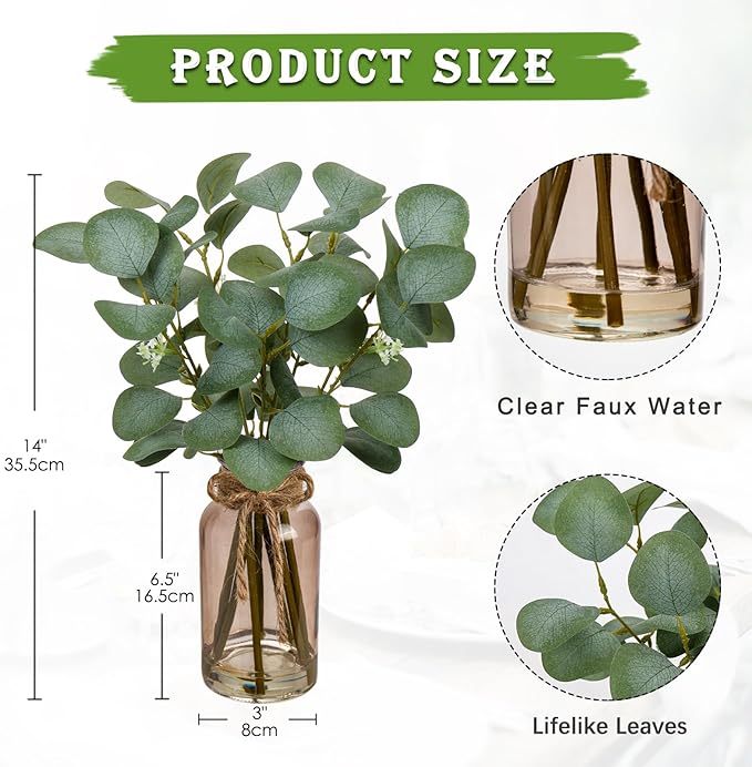Briful Artificial Eucalyptus Stems in Teal Glass Vase with Faux Water, 14" Fake Plant Eucalyptus Leaves for Home Farmhouse Wedding Centerpiece Bathroom Décor