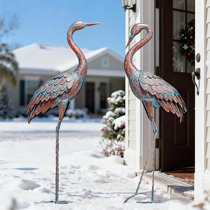 Kircust Garden Crane Statues Patina Heron Decoy, Standing Metal Crane Sculptures Bird Yard Art for Outdoor Decor, 47-48 Inch, Set of 2