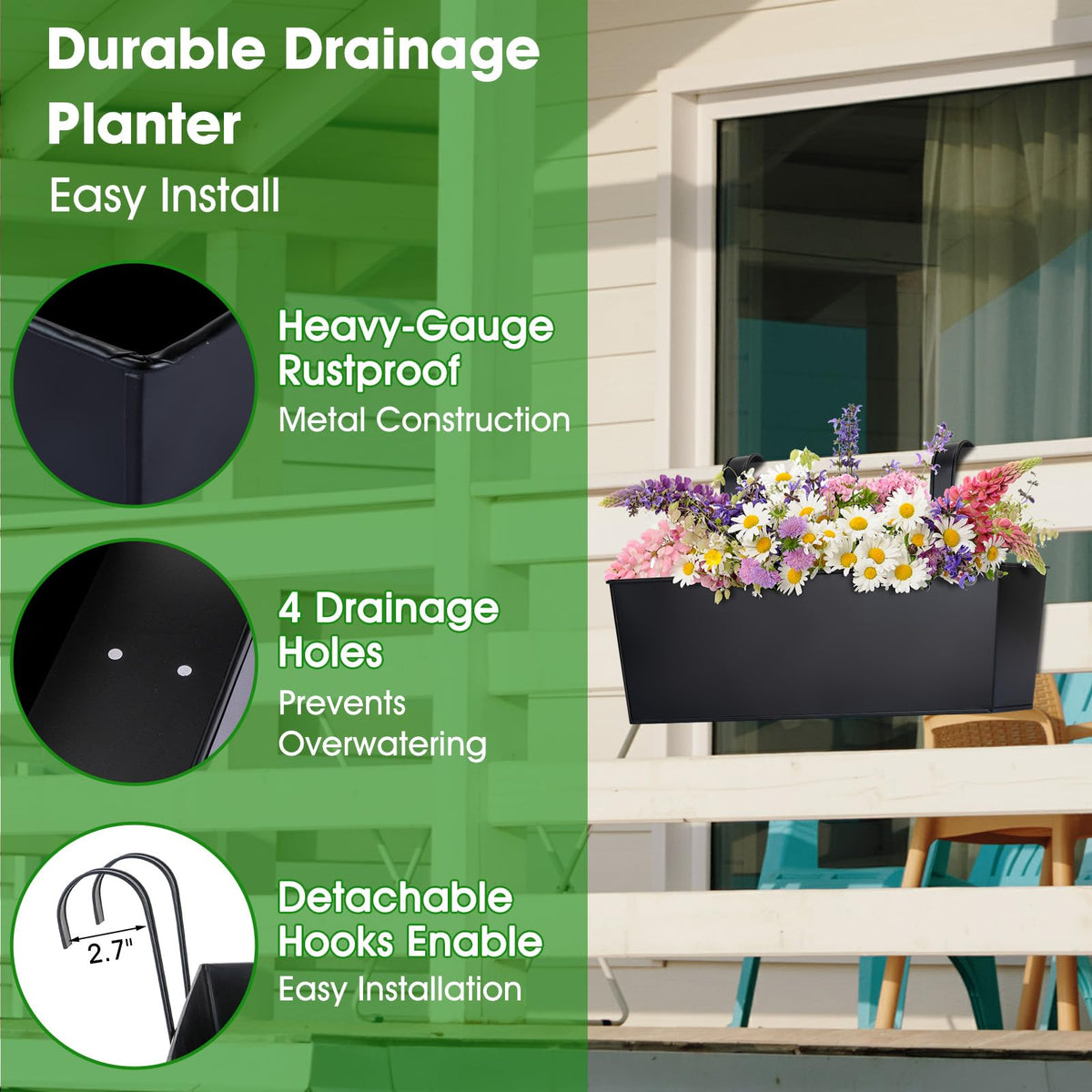 16“ Large Hanging Planters for Outdoor Plants, Railing Planter Box, 3 Pack