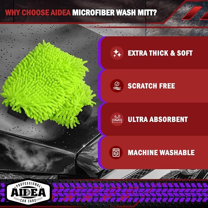 AIDEA Car Wash Mitt Microfiber, 2PK-Scratch-Free& Lint-Free, Premium Chenille Microfiber Wash Mitt-Green Extra Large Size (8''X12'')