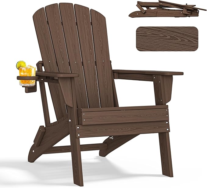 nevilywood Folding Adirondack Chair with Cup Holder, HDPE Patio Chairs, All-Weather Outdoor Chairs for Backyard, Deck, Fire Pit-Coffee
