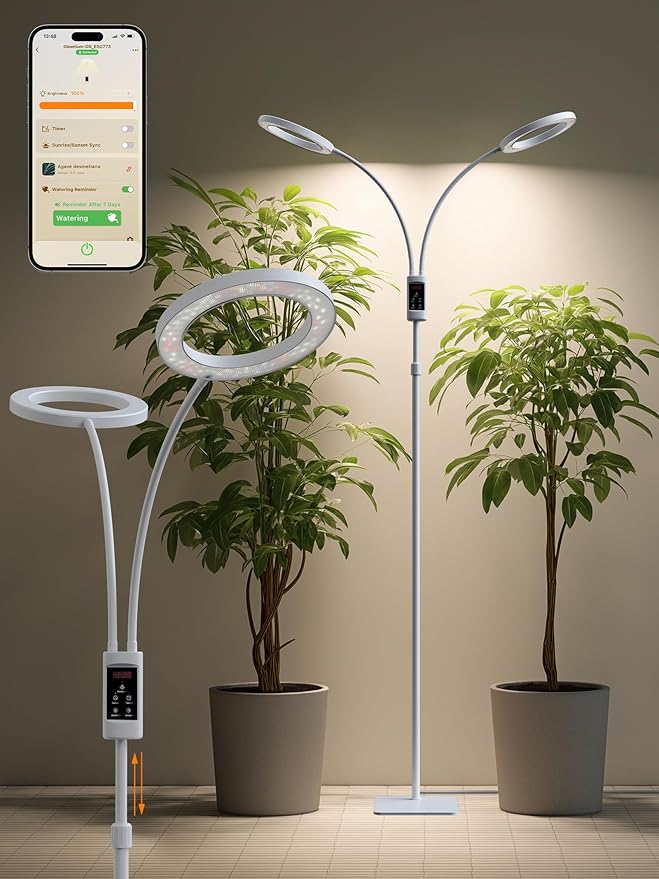 Smart Grow Lights for Indoor Plants,48W 2-Head Plant Light with Auto-Timer, Full Spectrum LED Grow Light, Adjustable Height & Stepless Dimming,Plant Assistant Suitable for Most Plants (White, 48W)