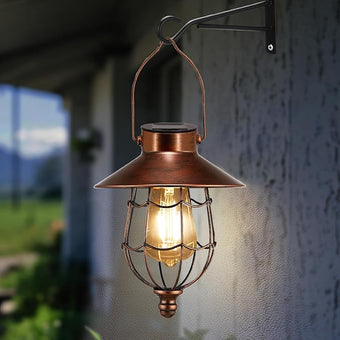 Solar Lanterns Outdoor Hanging Metal Vintage Lantern Warm White Solar Lights lamp Waterproof Edison Bulb Design for Pathway Garden Patio Yard Tree Decoration (Copper)