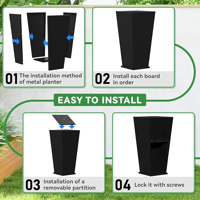 POOAMY Metal Planter 2 Pack, 15L x 15W x 30H, Heavy Duty Tall Planters for Outdoor Plants, Black Planters with Removable Insert Shelf, Large Planters with Drainage Holes for Porch, Patio, Black