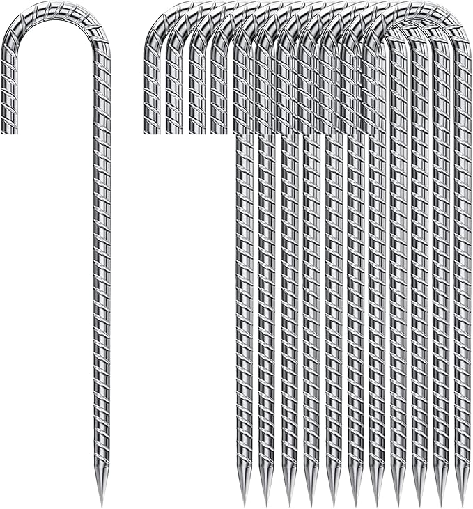 Ground Stakes 12 Inch, Yard Camping Stakes J Shaped 20 Pack Rebar Heavy Duty for Garden Dog Fence Inflatable Camping Chicken Coop Accessories
