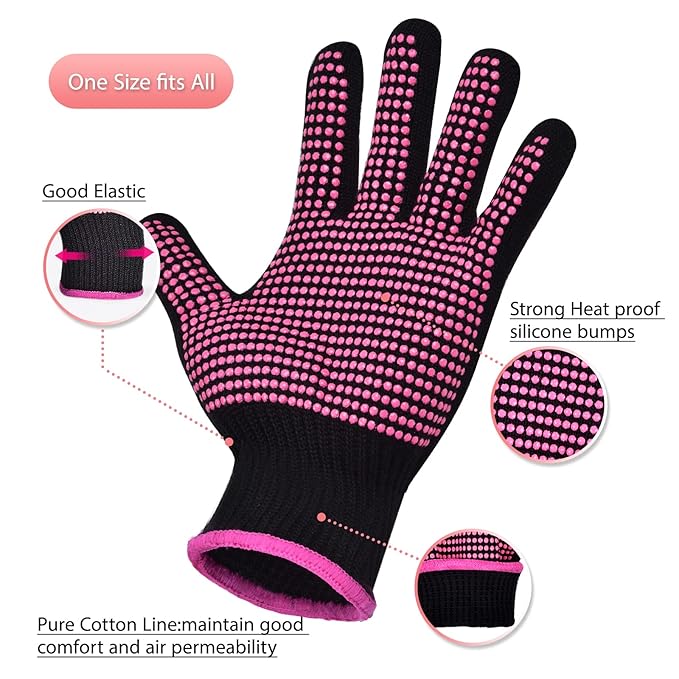 MORGLES Heat Resistant Gloves, 2 Pcs Professional Heat Gloves for Hair Styling Silicone Hot Mat 6 Pcs Hair Clips and 2 Pcs Styling Comb for Curling Iron Wands Flat Iron